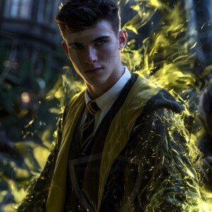 AI-generated wizards of the badger house handsome shirtless mages of the wizard academy conjuring fierce loyal badgers in cinematic UHD fantasy art.
