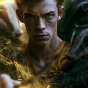 AI-generated wizards of the badger house handsome shirtless mages of the wizard academy conjuring fierce loyal badgers in cinematic UHD fantasy art.