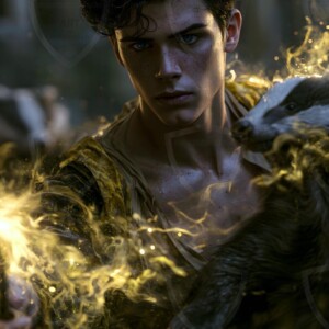 AI-generated wizards of the badger house handsome shirtless mages of the wizard academy conjuring fierce loyal badgers in cinematic UHD fantasy art.