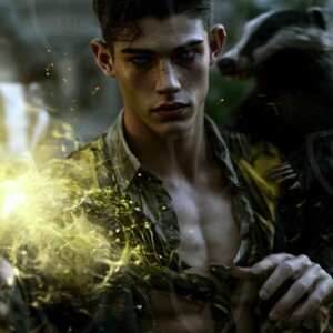 AI-generated wizards of the badger house handsome shirtless mages of the wizard academy conjuring fierce loyal badgers in cinematic UHD fantasy art.
