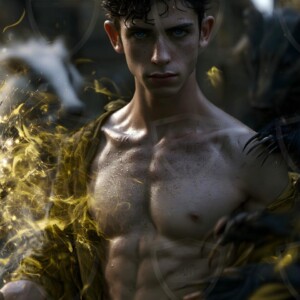 AI-generated wizards of the badger house handsome shirtless mages of the wizard academy conjuring fierce loyal badgers in cinematic UHD fantasy art.