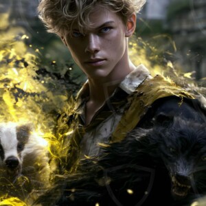AI-generated wizards of the badger house handsome shirtless mages of the wizard academy conjuring fierce loyal badgers in cinematic UHD fantasy art.