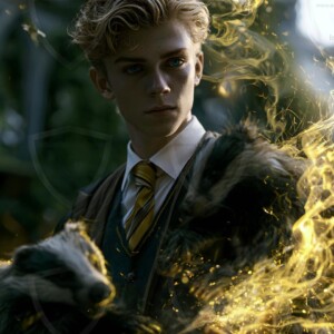 AI-generated wizards of the badger house handsome shirtless mages of the wizard academy conjuring fierce loyal badgers in cinematic UHD fantasy art.