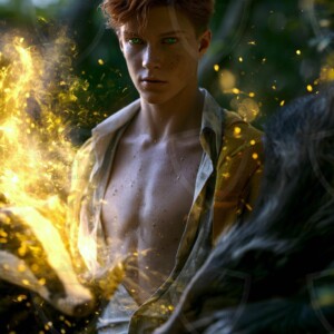 AI-generated wizards of the badger house handsome shirtless mages of the wizard academy conjuring fierce loyal badgers in cinematic UHD fantasy art.