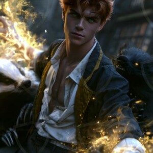 AI-generated wizards of the badger house handsome shirtless mages of the wizard academy conjuring fierce loyal badgers in cinematic UHD fantasy art.