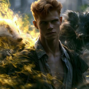 AI-generated wizards of the badger house handsome shirtless mages of the wizard academy conjuring fierce loyal badgers in cinematic UHD fantasy art.