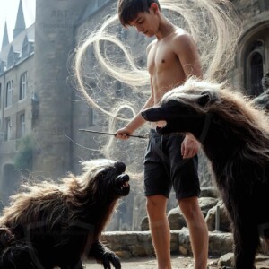AI-generated wizards of the badger house — handsome shirtless mages of the wizard academy conjuring fierce loyal badgers in cinematic UHD fantasy art.
