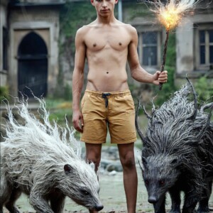 AI-generated wizards of the badger house — handsome shirtless mages of the wizard academy conjuring fierce loyal badgers in cinematic UHD fantasy art.