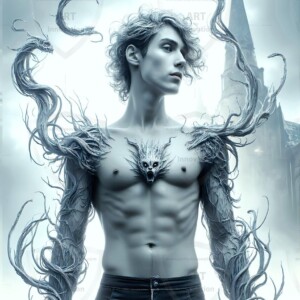 AI-generated wizards of the badger house — handsome shirtless mages of the wizard academy conjuring fierce loyal badgers in cinematic UHD fantasy art.