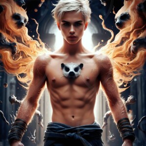 AI-generated wizards of the badger house — handsome shirtless mages of the wizard academy conjuring fierce loyal badgers in cinematic UHD fantasy art.