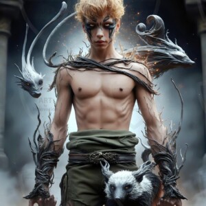 AI-generated wizards of the badger house — handsome shirtless mages of the wizard academy conjuring fierce loyal badgers in cinematic UHD fantasy art.