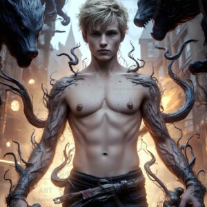 AI-generated wizards of the badger house — handsome shirtless mages of the wizard academy conjuring fierce loyal badgers in cinematic UHD fantasy art.