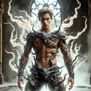 AI-generated wizards of the badger house — handsome shirtless mages of the wizard academy conjuring fierce loyal badgers in cinematic UHD fantasy art.