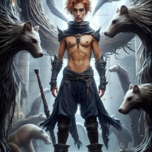 AI-generated wizards of the badger house — handsome shirtless mages of the wizard academy conjuring fierce loyal badgers in cinematic UHD fantasy art.