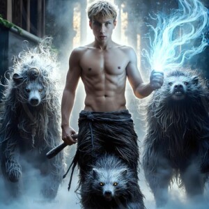 AI-generated wizards of the badger house — handsome shirtless mages of the wizard academy conjuring fierce loyal badgers in cinematic UHD fantasy art.