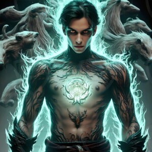 AI-generated wizards of the badger house — handsome shirtless mages of the wizard academy conjuring fierce loyal badgers in cinematic UHD fantasy art.