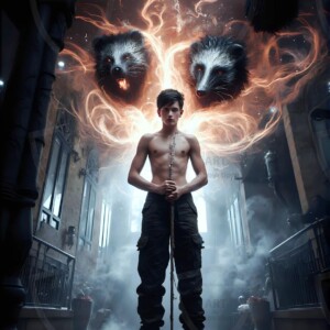 AI-generated wizards of the badger house — handsome shirtless mages of the wizard academy conjuring fierce loyal badgers in cinematic UHD fantasy art.