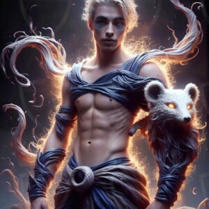 AI-generated wizards of the badger house — handsome shirtless mages of the wizard academy conjuring fierce loyal badgers in cinematic UHD fantasy art.