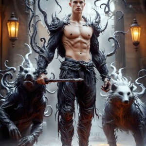 AI-generated wizards of the badger house — handsome shirtless mages of the wizard academy conjuring fierce loyal badgers in cinematic UHD fantasy art.