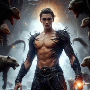 AI-generated wizards of the badger house — handsome shirtless mages of the wizard academy conjuring fierce loyal badgers in cinematic UHD fantasy art.