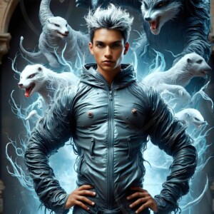 AI-generated wizards of the badger house — handsome shirtless mages of the wizard academy conjuring fierce loyal badgers in cinematic UHD fantasy art.