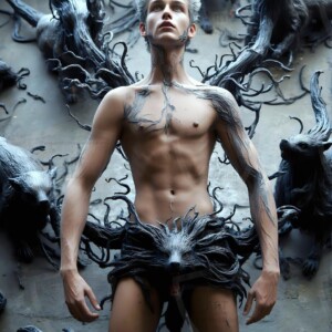 AI-generated wizards of the badger house — handsome shirtless mages of the wizard academy conjuring fierce loyal badgers in cinematic UHD fantasy art.