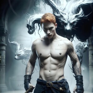 AI-generated wizards of the badger house — handsome shirtless mages of the wizard academy conjuring fierce loyal badgers in cinematic UHD fantasy art.