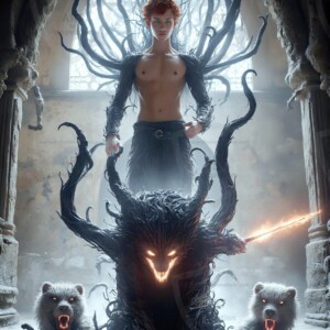 AI-generated wizards of the badger house — handsome shirtless mages of the wizard academy conjuring fierce loyal badgers in cinematic UHD fantasy art.