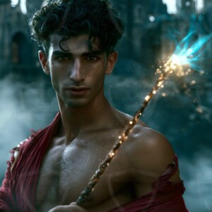 AI-generated wizards of the lion house handsome shirtless mages of the wizard academy conjuring great white lions in cinematic UHD fantasy art.