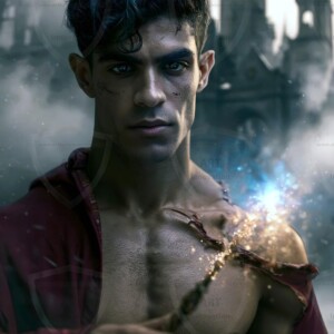 AI-generated wizards of the lion house handsome shirtless mages of the wizard academy conjuring great white lions in cinematic UHD fantasy art.