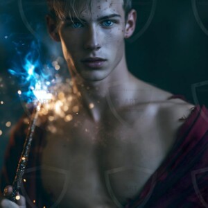 AI-generated wizards of the lion house handsome shirtless mages of the wizard academy conjuring great white lions in cinematic UHD fantasy art.