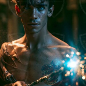AI-generated wizards of the lion house handsome shirtless mages of the wizard academy conjuring great white lions in cinematic UHD fantasy art.