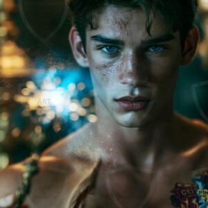 AI-generated wizards of the lion house handsome shirtless mages of the wizard academy conjuring great white lions in cinematic UHD fantasy art.