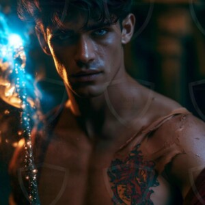 AI-generated wizards of the lion house handsome shirtless mages of the wizard academy conjuring great white lions in cinematic UHD fantasy art.