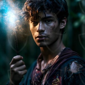 AI-generated wizards of the lion house handsome shirtless mages of the wizard academy conjuring great white lions in cinematic UHD fantasy art.