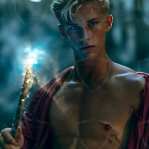 AI-generated wizards of the lion house handsome shirtless mages of the wizard academy conjuring great white lions in cinematic UHD fantasy art.