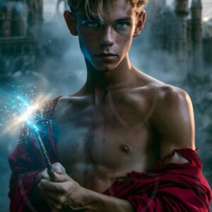 AI-generated wizards of the lion house — handsome shirtless mages of the wizard academy conjuring great white lions in cinematic UHD fantasy art.