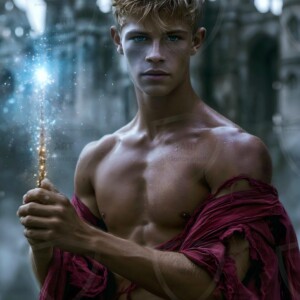 AI-generated wizards of the lion house — handsome shirtless mages of the wizard academy conjuring great white lions in cinematic UHD fantasy art.