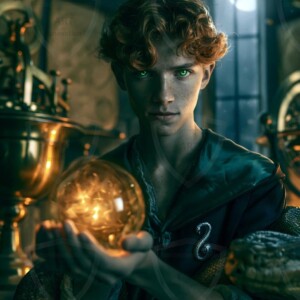 AI-generated wizards of the serpent house handsome shirtless mages of the wizard academy conjuring demonic snakes in dark cinematic UHD fantasy art.