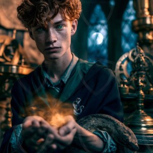 AI-generated wizards of the serpent house handsome shirtless mages of the wizard academy conjuring demonic snakes in dark cinematic UHD fantasy art.
