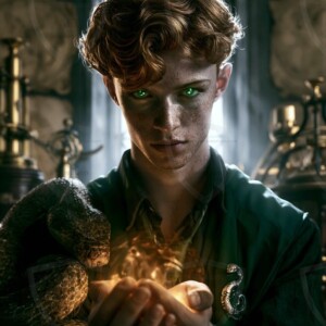 AI-generated wizards of the serpent house handsome shirtless mages of the wizard academy conjuring demonic snakes in dark cinematic UHD fantasy art.