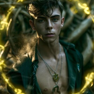AI-generated wizards of the serpent house handsome shirtless mages of the wizard academy conjuring demonic snakes in dark cinematic UHD fantasy art.