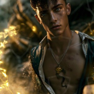 AI-generated wizards of the serpent house handsome shirtless mages of the wizard academy conjuring demonic snakes in dark cinematic UHD fantasy art.