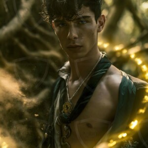 AI-generated wizards of the serpent house handsome shirtless mages of the wizard academy conjuring demonic snakes in dark cinematic UHD fantasy art.