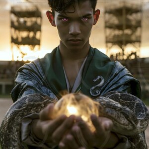 AI-generated wizards of the serpent house handsome shirtless mages of the wizard academy conjuring demonic snakes in dark cinematic UHD fantasy art.