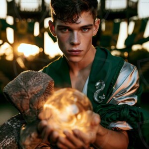AI-generated wizards of the serpent house handsome shirtless mages of the wizard academy conjuring demonic snakes in dark cinematic UHD fantasy art.