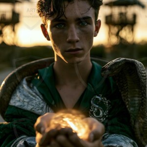 AI-generated wizards of the serpent house handsome shirtless mages of the wizard academy conjuring demonic snakes in dark cinematic UHD fantasy art.