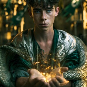 AI-generated wizards of the serpent house handsome shirtless mages of the wizard academy conjuring demonic snakes in dark cinematic UHD fantasy art.