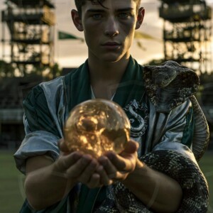 AI-generated wizards of the serpent house handsome shirtless mages of the wizard academy conjuring demonic snakes in dark cinematic UHD fantasy art.