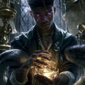 AI-generated wizards of the serpent house — handsome shirtless mages of the wizard academy conjuring demonic snakes in dark cinematic UHD fantasy art.